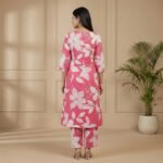 Pink Floral Cotton Kurta Pant Set – 3/4 Sleeve Printed Ethnic Wear - Image 3