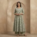 Olive Green Floral Printed Cotton Anarkali Kurta Set with Palazzo