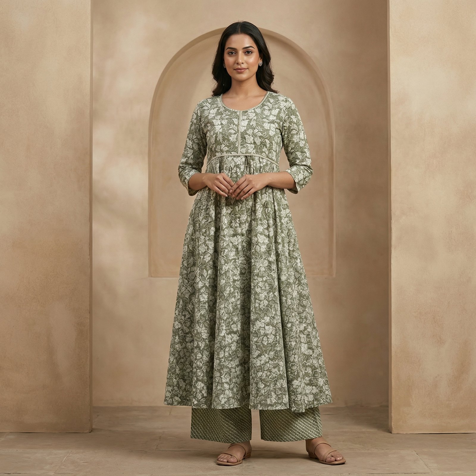 hf_20260227_133809_39d6c6bd-7705-4ee7-a4e7-b0b70ca75b14 Olive Green Floral Printed Cotton Anarkali Kurta Set with Palazzo - Image 1