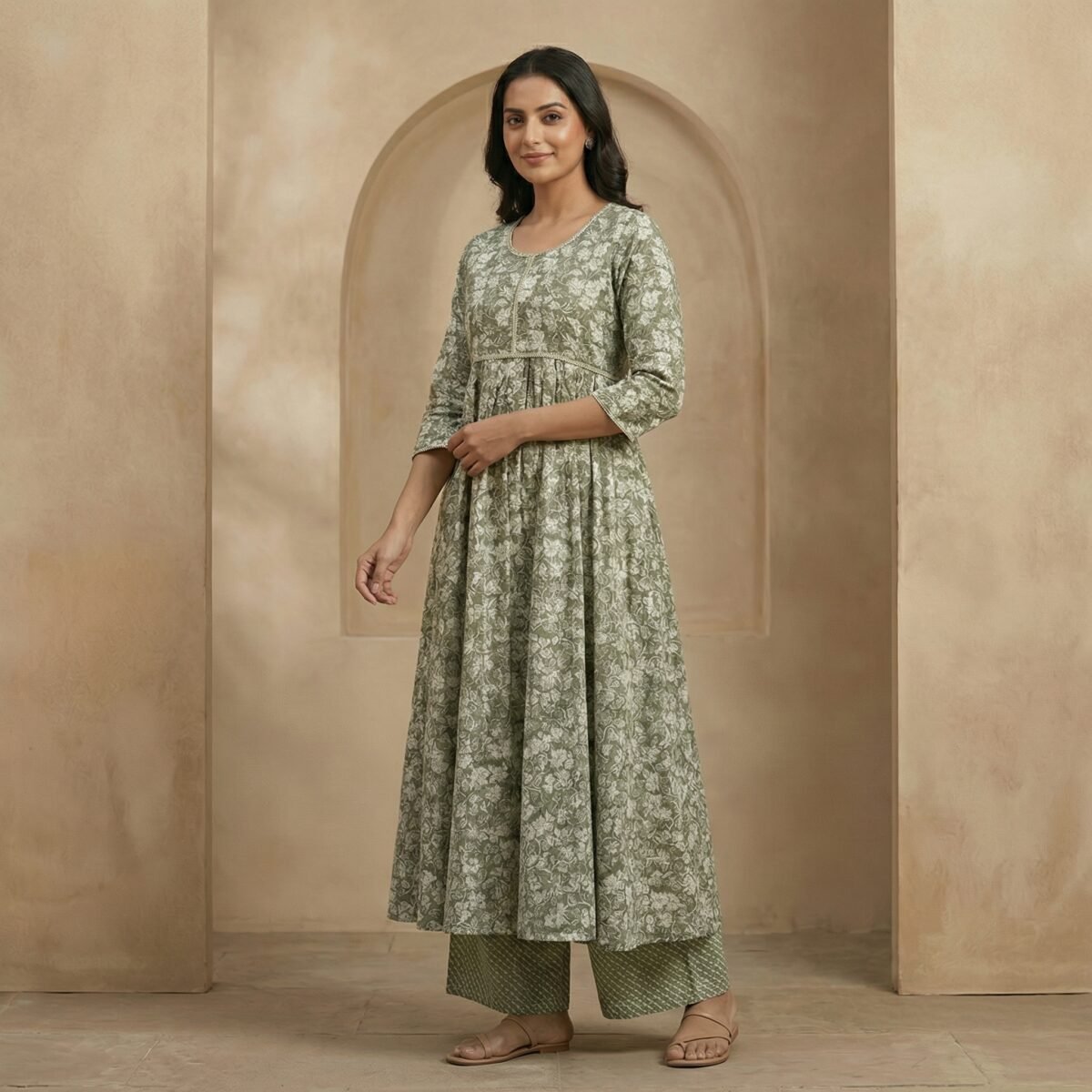Olive Green Floral Printed Cotton Anarkali Kurta Set with Palazzo - Image 3