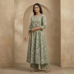 Olive Green Floral Printed Cotton Anarkali Kurta Set with Palazzo - Image 3