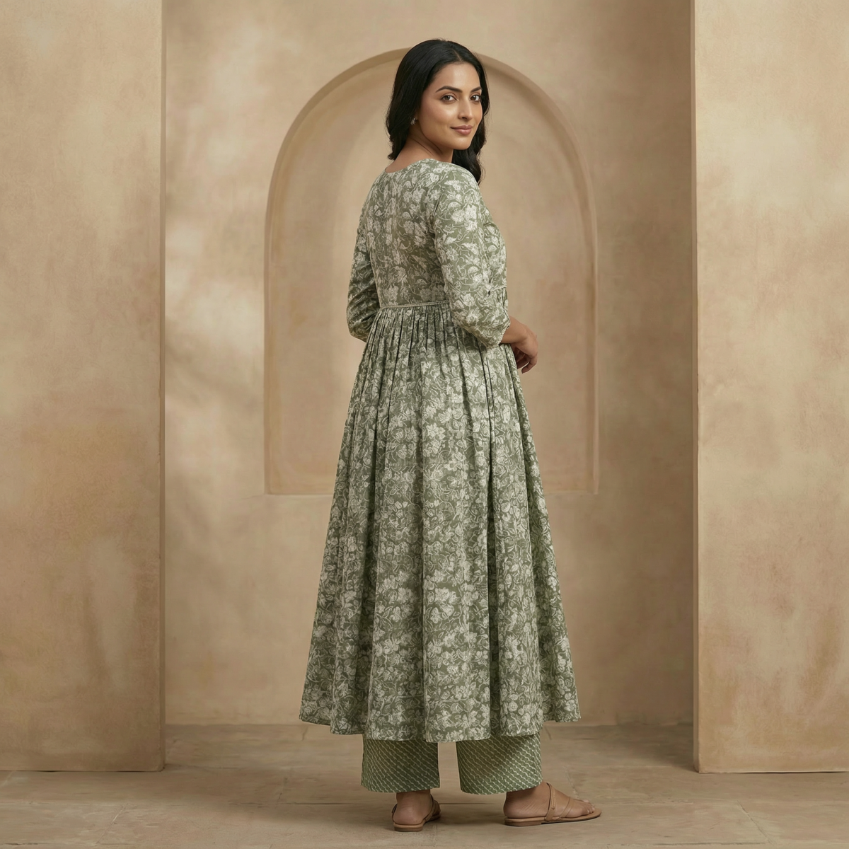 Olive Green Floral Printed Cotton Anarkali Kurta Set with Palazzo - Image 2