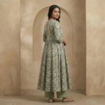 Olive Green Floral Printed Cotton Anarkali Kurta Set with Palazzo - Image 2