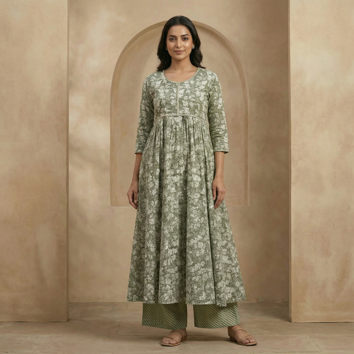 Olive Green Floral Printed Cotton Anarkali Kurta Set with Palazzo - Image 4