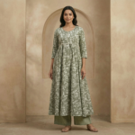 Olive Green Floral Printed Cotton Anarkali Kurta Set with Palazzo - Image 4