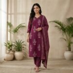Wine Floral Printed Kurta Set with Dupatta – Cotton Blend Straight Fit Ethnic Wear