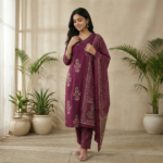 Wine Floral Printed Kurta Set with Dupatta – Cotton Blend Straight Fit Ethnic Wear - Image 4