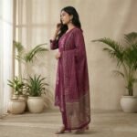 Wine Floral Printed Kurta Set with Dupatta – Cotton Blend Straight Fit Ethnic Wear - Image 2
