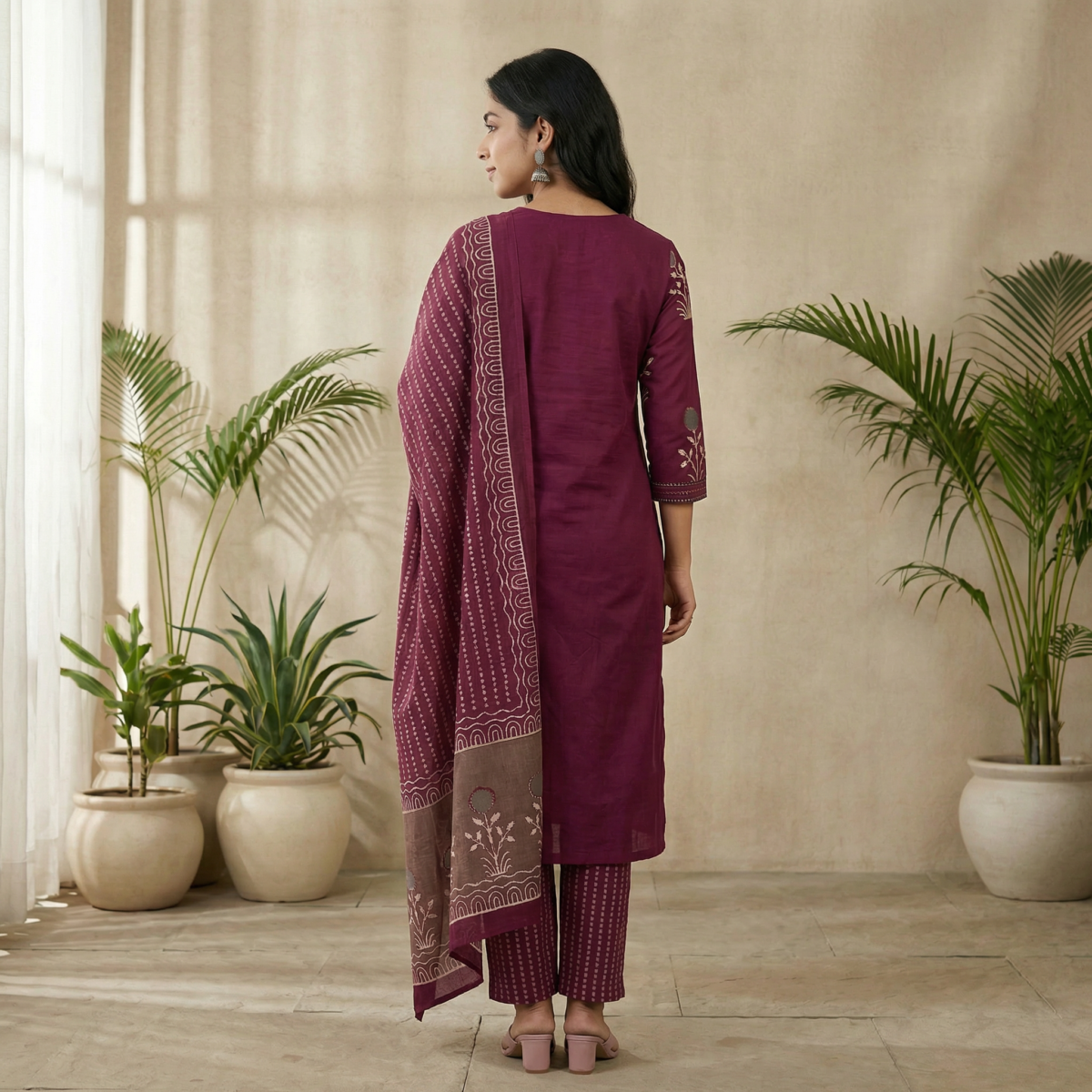 Wine Floral Printed Kurta Set with Dupatta – Cotton Blend Straight Fit Ethnic Wear - Image 3