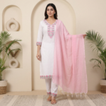 White Cotton Pink Embroidery Kurta Set with White Pants & Pink Dupatta