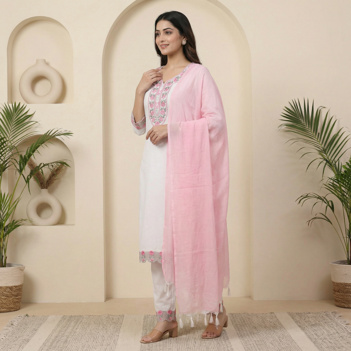 White Cotton Pink Embroidery Kurta Set with White Pants & Pink Dupatta - Image 2