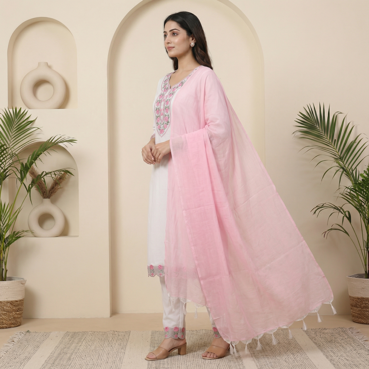 White Cotton Pink Embroidery Kurta Set with White Pants & Pink Dupatta - Image 4