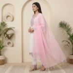 White Cotton Pink Embroidery Kurta Set with White Pants & Pink Dupatta - Image 4