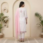 White Cotton Pink Embroidery Kurta Set with White Pants & Pink Dupatta - Image 3