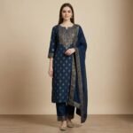 Navy Blue Zari Embroidered Kurta Set with Dupatta & Straight Pants