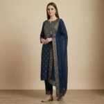 Navy Blue Zari Embroidered Kurta Set with Dupatta & Straight Pants - Image 2