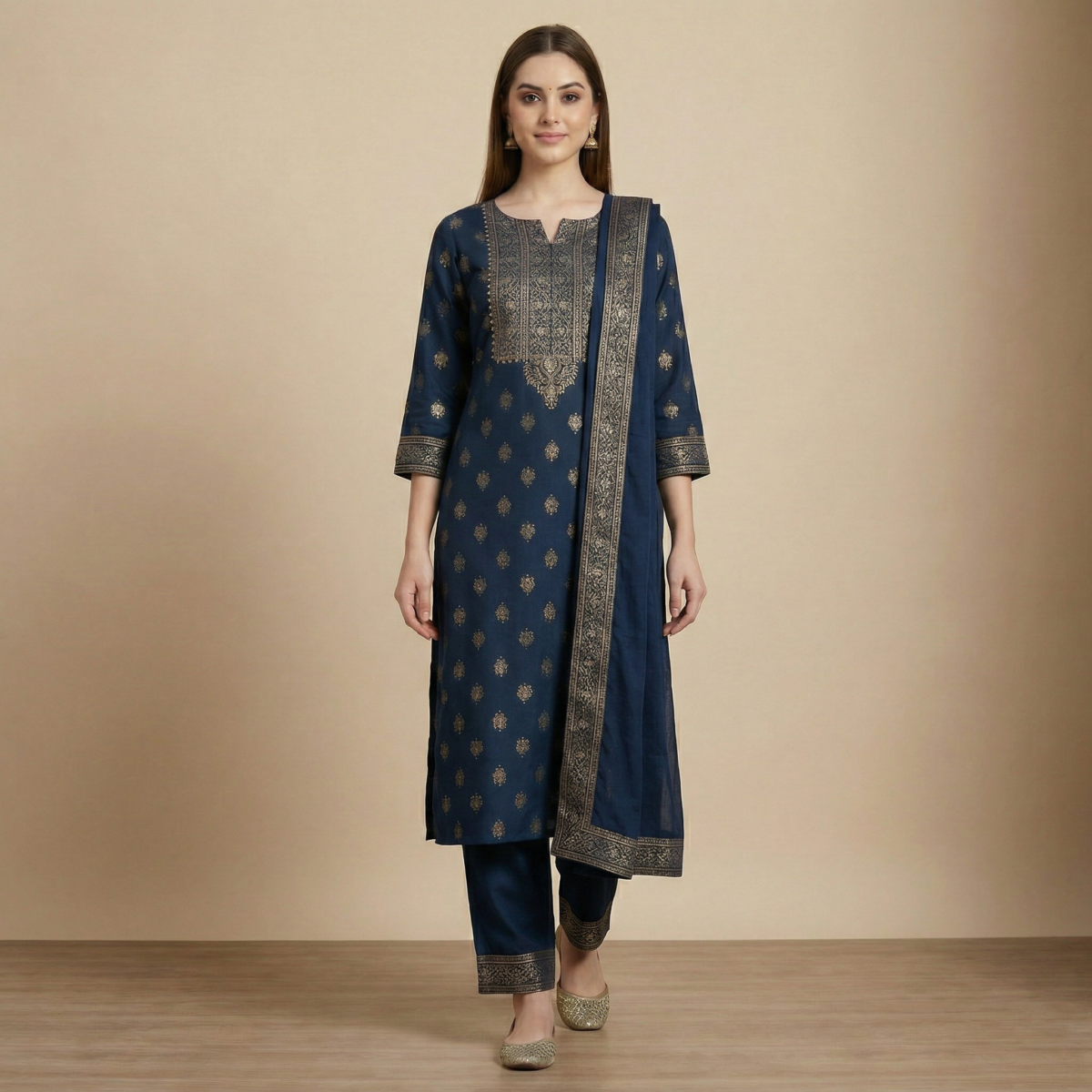 Navy Blue Zari Embroidered Kurta Set with Dupatta & Straight Pants - Image 4