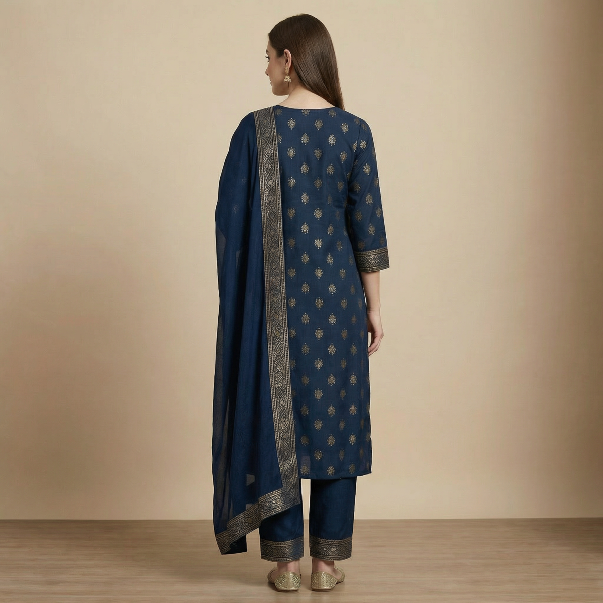Navy Blue Zari Embroidered Kurta Set with Dupatta & Straight Pants - Image 3