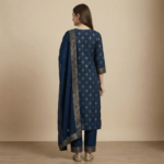 Navy Blue Zari Embroidered Kurta Set with Dupatta & Straight Pants - Image 3
