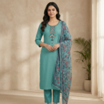 Light Green Embroidered Cotton Kurta Set with Floral Dupatta & Straight Pants