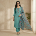 Light Green Embroidered Cotton Kurta Set with Floral Dupatta & Straight Pants - Image 3