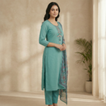 Light Green Embroidered Cotton Kurta Set with Floral Dupatta & Straight Pants - Image 4