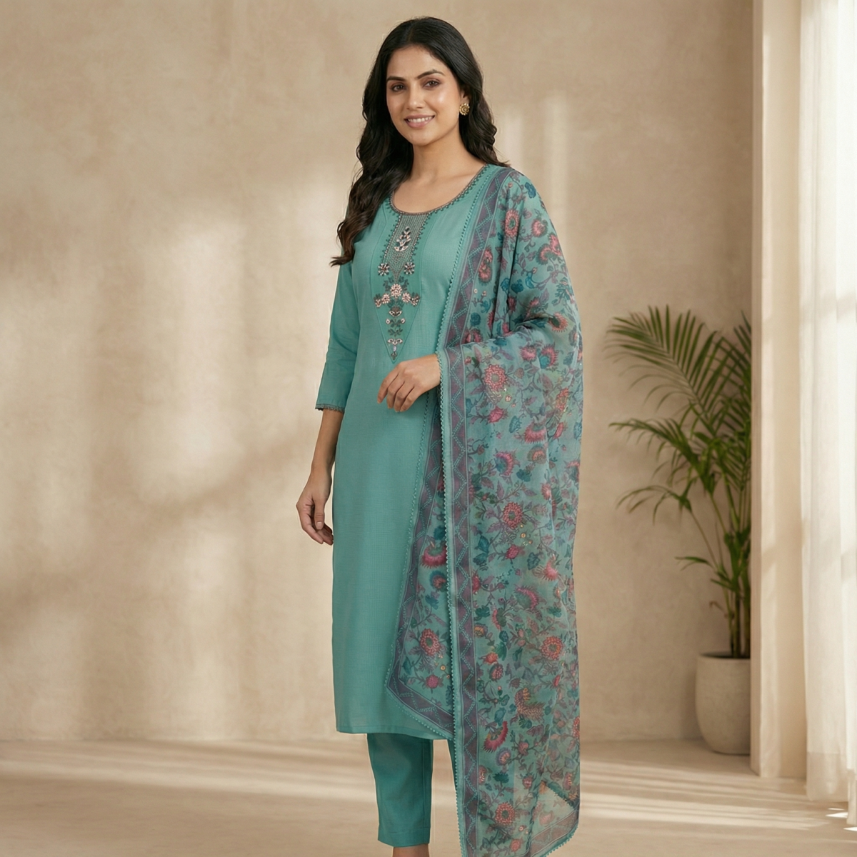 Light Green Embroidered Cotton Kurta Set with Floral Dupatta & Straight Pants - Image 2