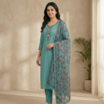 Light Green Embroidered Cotton Kurta Set with Floral Dupatta & Straight Pants - Image 2