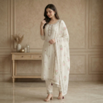 Off-White Floral Embroidered Cotton Kurta Set with Dupatta - Image 3