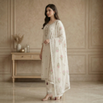 Off-White Floral Embroidered Cotton Kurta Set with Dupatta - Image 2