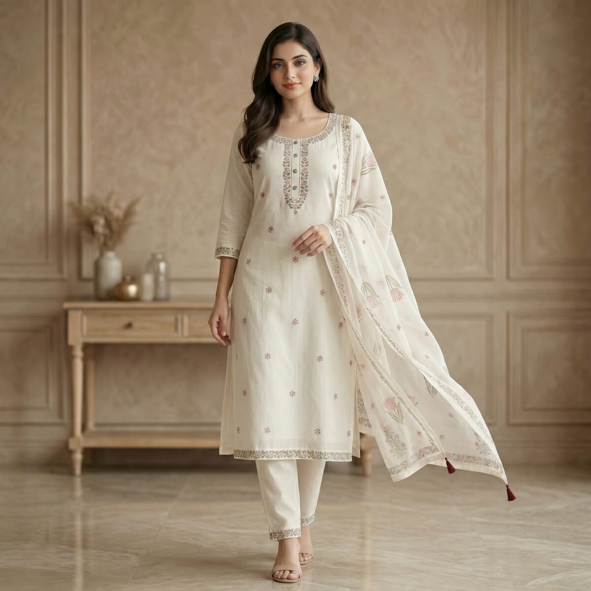 Off-White Floral Embroidered Cotton Kurta Set with Dupatta - Image 4