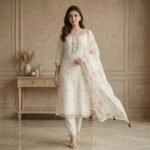 Off-White Floral Embroidered Cotton Kurta Set with Dupatta - Image 4