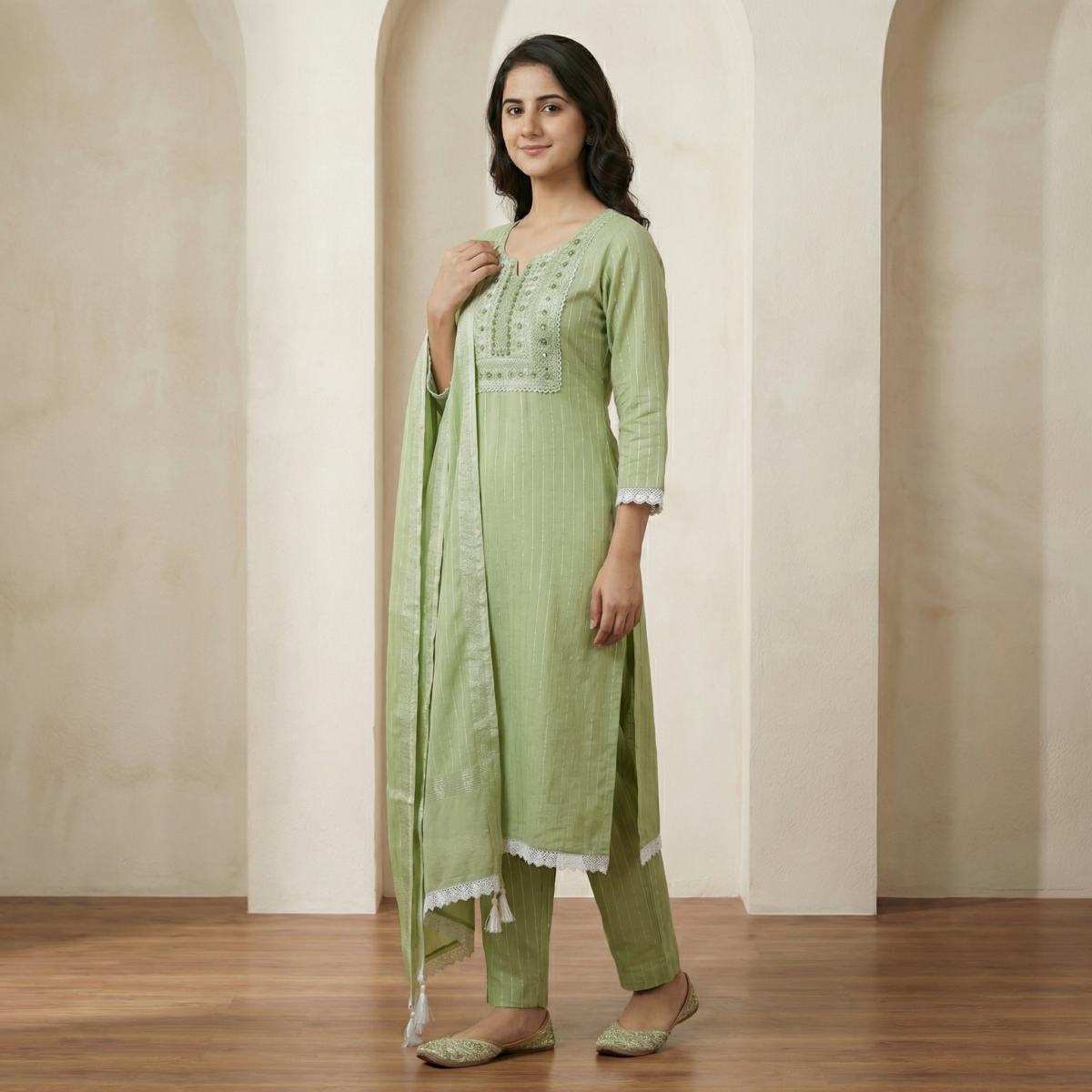 Light Green Embroidered Cotton Kurta Set with Dupatta - Image 4