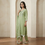 Light Green Embroidered Cotton Kurta Set with Dupatta - Image 4