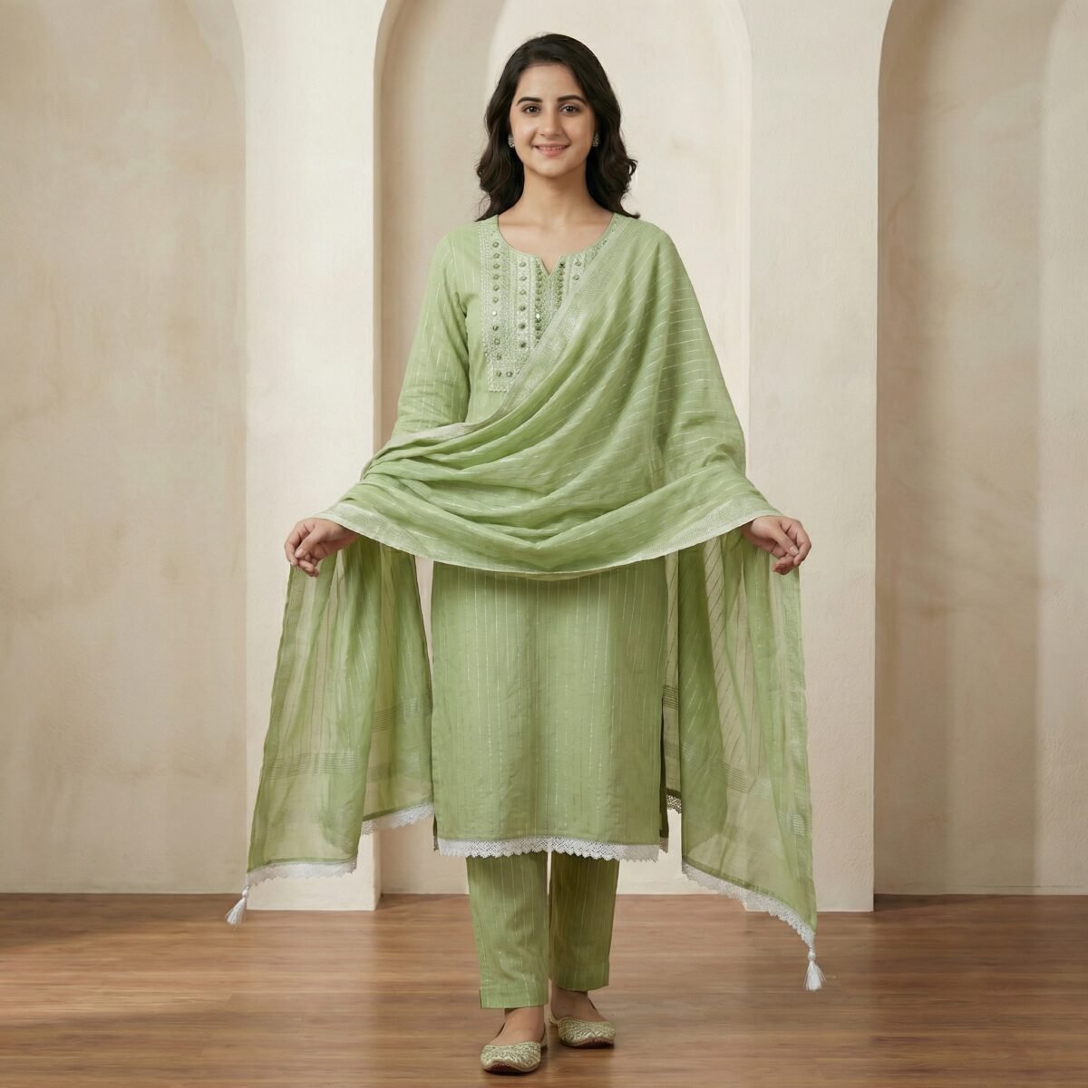 Light Green Embroidered Cotton Kurta Set with Dupatta - Image 3