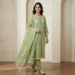 Light Green Embroidered Cotton Kurta Set with Dupatta - Image 2