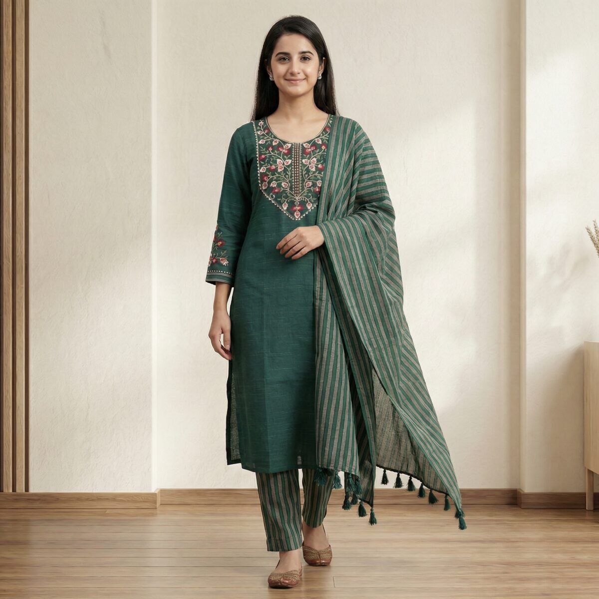 Elegant Green Cotton Kurta Set with Embroidered Neck & Striped Dupatta - Image 2