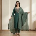 Elegant Green Cotton Kurta Set with Embroidered Neck & Striped Dupatta - Image 4