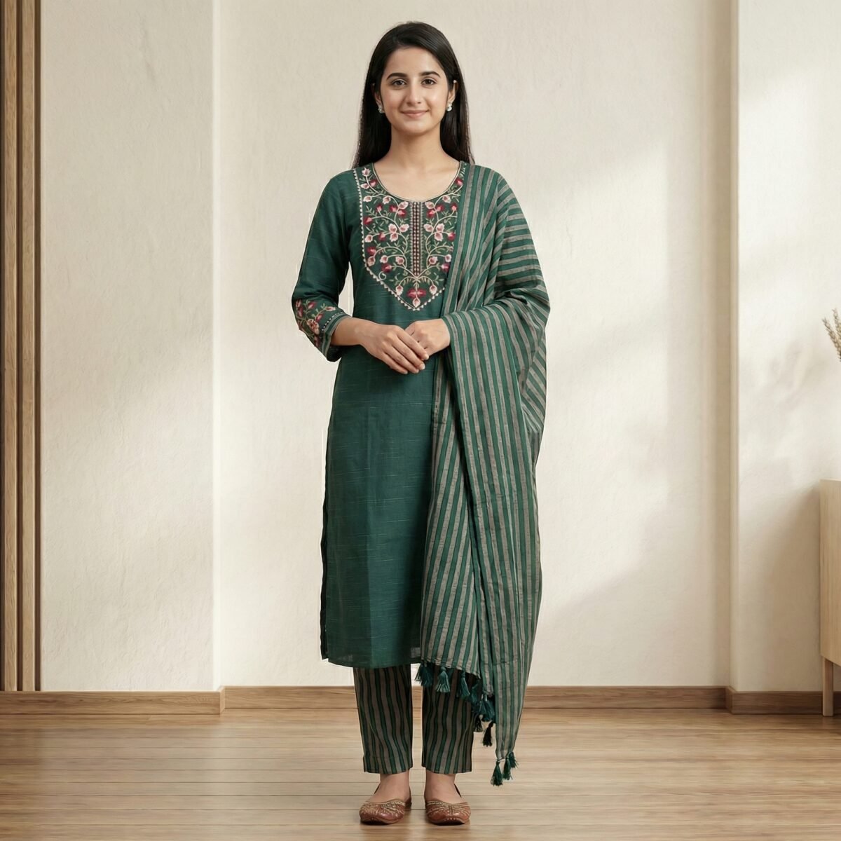 Elegant Green Cotton Kurta Set with Embroidered Neck & Striped Dupatta - Image 3