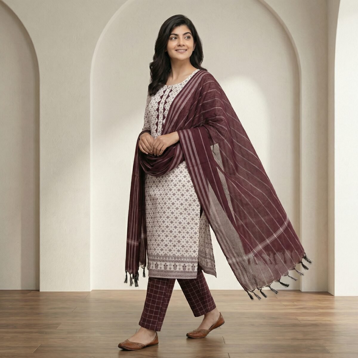 White Printed Cotton Kurta Set with Brown Pants & Maroon Dupatta - Image 3