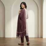 White Printed Cotton Kurta Set with Brown Pants & Maroon Dupatta - Image 2