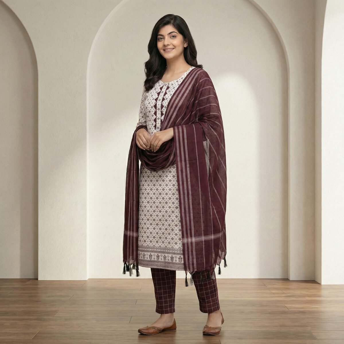 White Printed Cotton Kurta Set with Brown Pants & Maroon Dupatta - Image 4