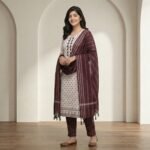 White Printed Cotton Kurta Set with Brown Pants & Maroon Dupatta - Image 4