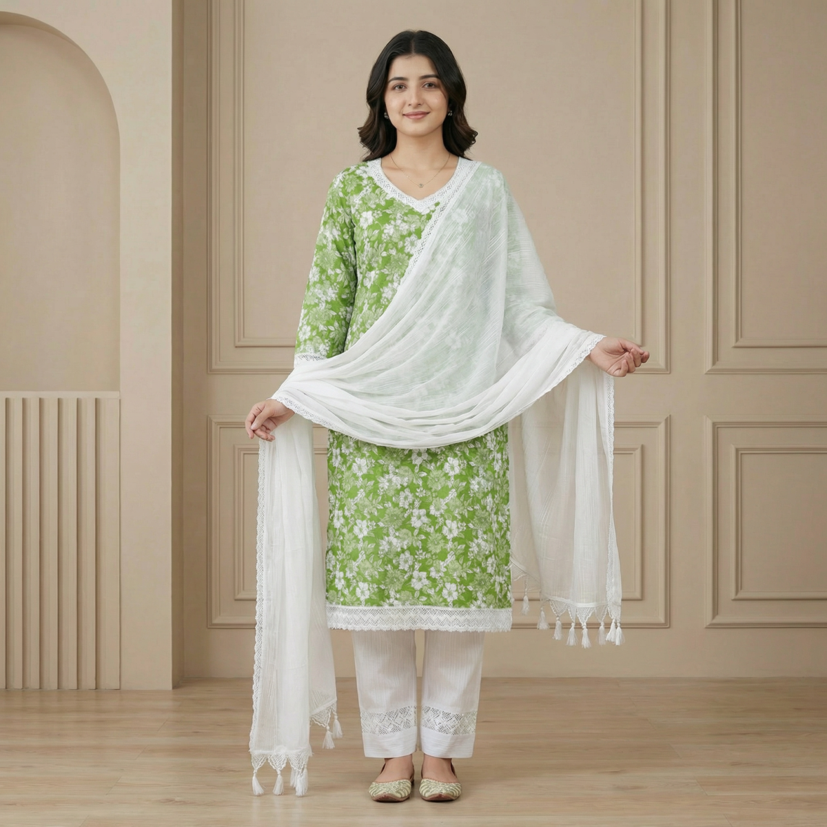 Green Floral Cotton Kurta Set with White Dupatta – Elegant Ethnic Wear - Image 3