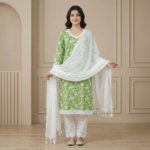 Green Floral Cotton Kurta Set with White Dupatta – Elegant Ethnic Wear - Image 3