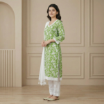 Green Floral Cotton Kurta Set with White Dupatta – Elegant Ethnic Wear - Image 2