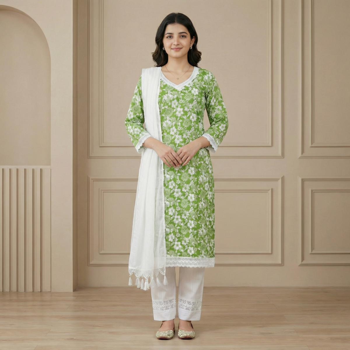 Green Floral Cotton Kurta Set with White Dupatta – Elegant Ethnic Wear - Image 4