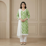 Green Floral Cotton Kurta Set with White Dupatta – Elegant Ethnic Wear - Image 4