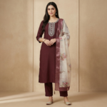 Maroon Rayon Kurta Set with Embroidered Neckline & Floral Dupatta