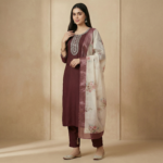 Maroon Rayon Kurta Set with Embroidered Neckline & Floral Dupatta - Image 2